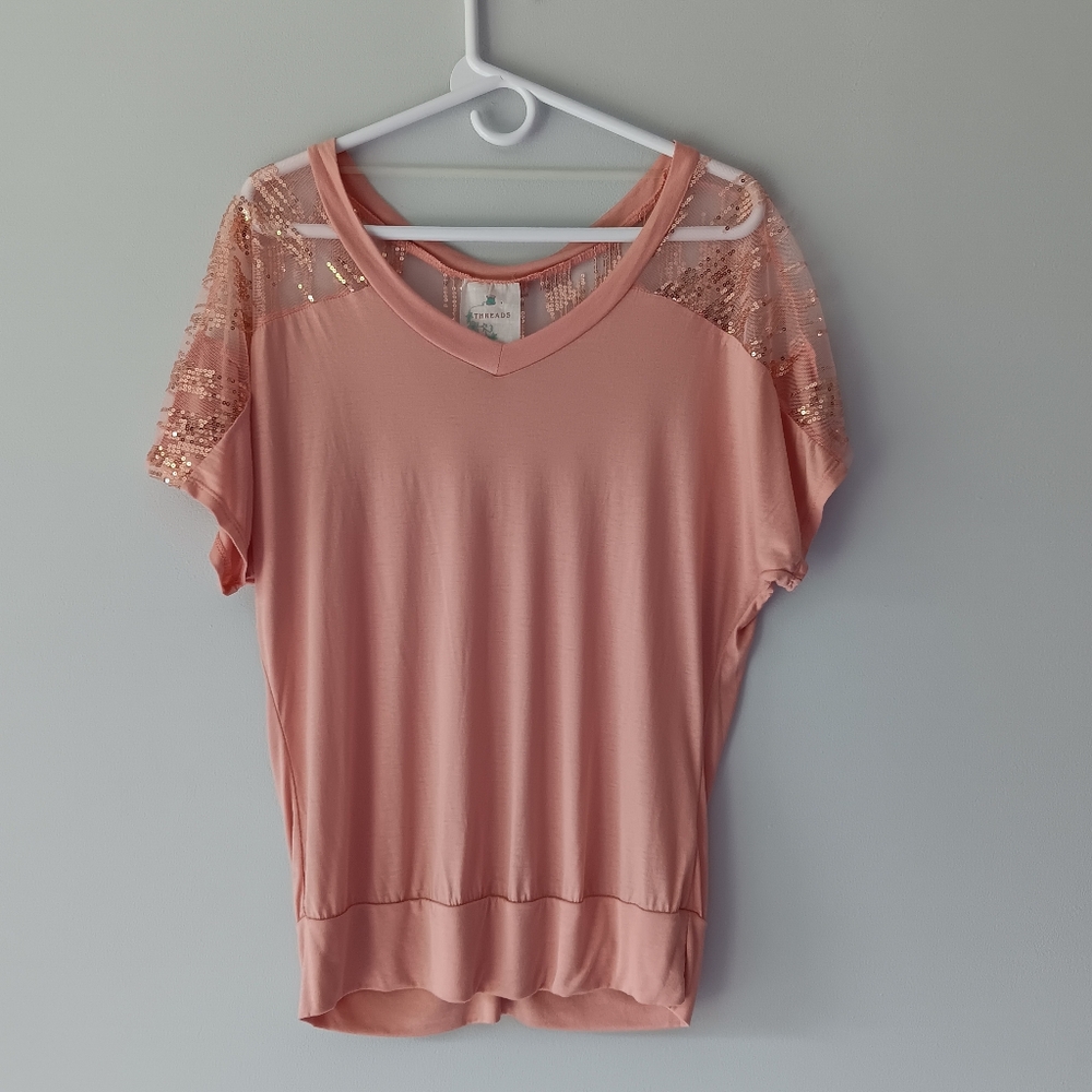 Threads V-neck Mesh Sequined Dolman Short Sleeve T-shirt Top Blush Pink Medium - Picture 5 of 10